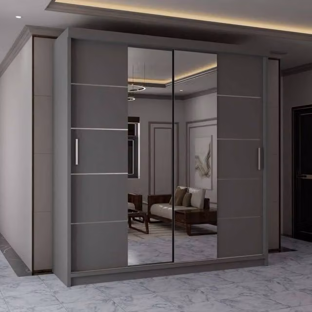 MN Furniture Modern Grey Sliding Mirror Wardrobe with Integrated LED Lighting, W: 150 cm, H: 217 cm