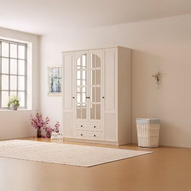 EVUHOME Elise XL White Mirrored Wardrobe with 4 Doors and 2 Integrated Drawers, H 210 x W 140 x D 52 cm
