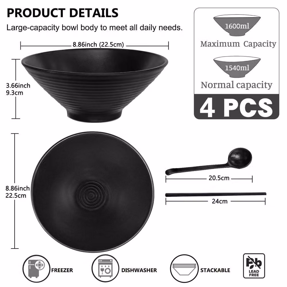 Greentainer Large Japanese Noodle Bowl Set with Chopsticks and Spoons in Black Melamine – 2
