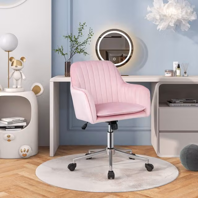 COSTWAY Modern Pink Velvet Upholstered Task Chair for Home Office