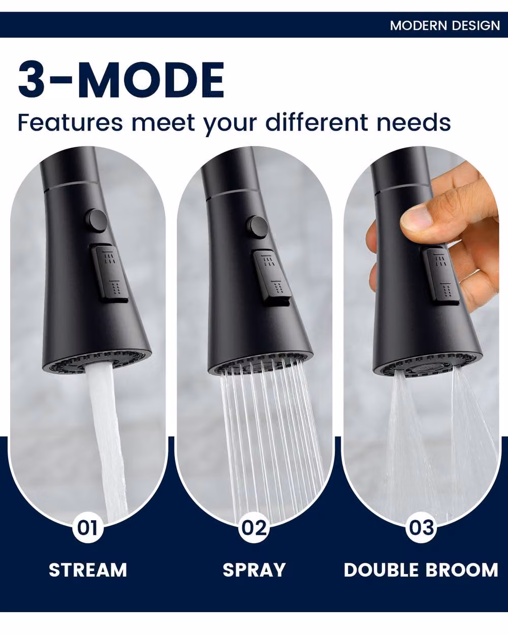 Dayone Sleek Stainless Steel Kitchen Tap with Pull Out Spray and Dual Lever Design in Matt Black – 7