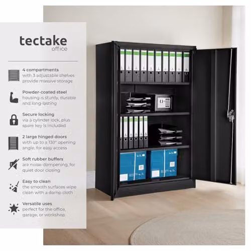 tectake Metal Lockable Filing Cabinet with Adjustable Shelves and Hinged Doors, Black or Grey, H 140 x W 90 x D 40 cm – 4