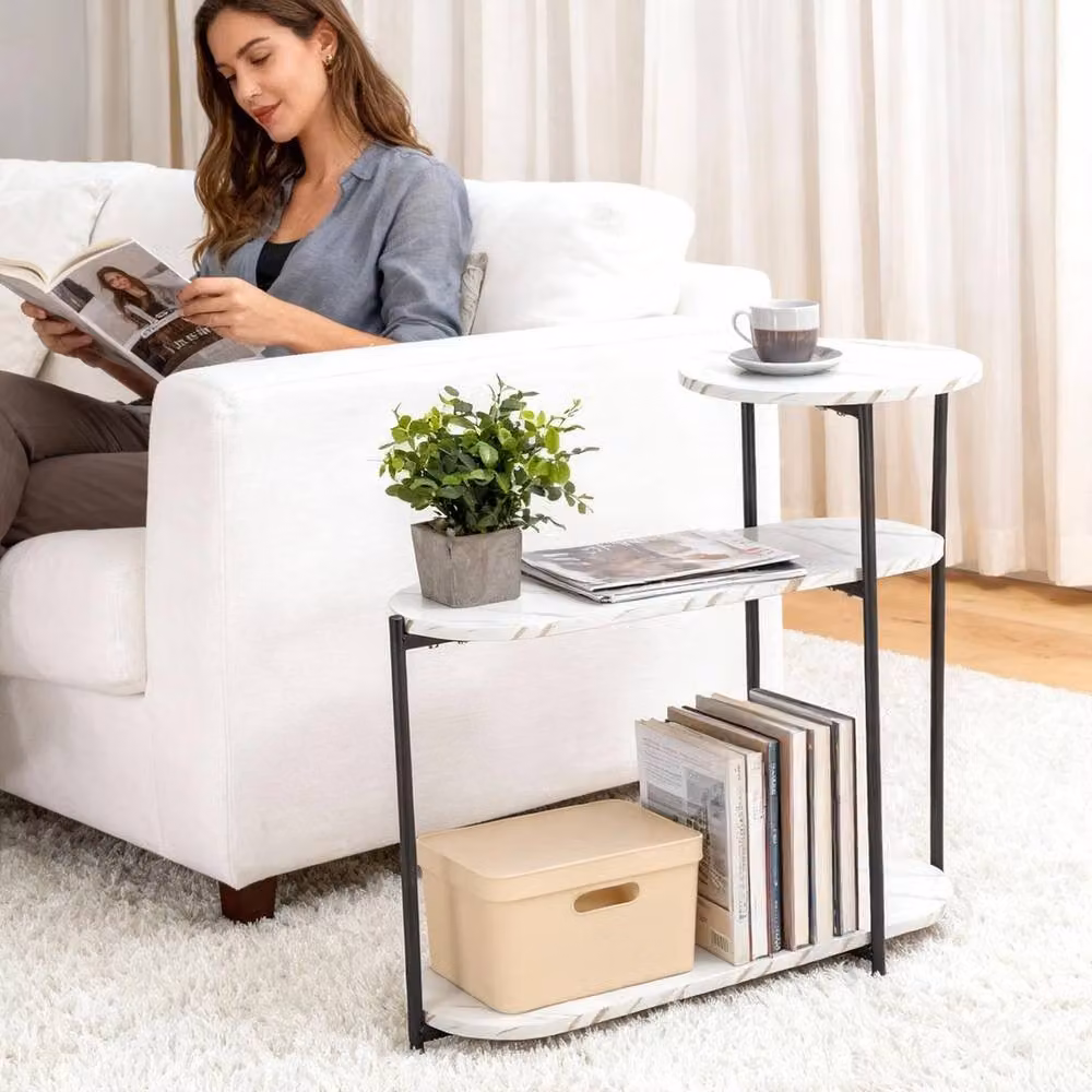FORGEVIO Modern 3-Tier Round Side Table with Metal Frame in White – 3
