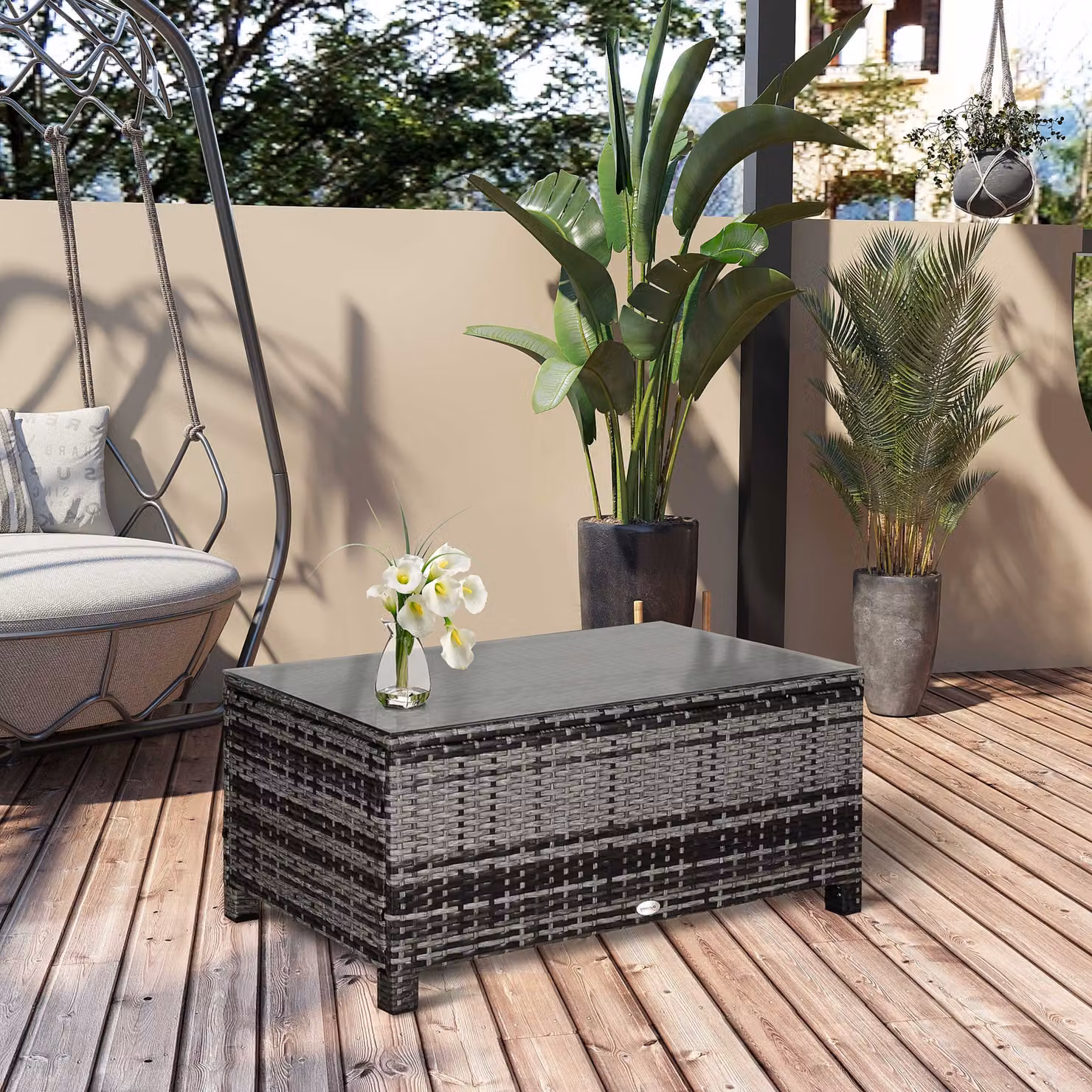 Outsunny Rattan Side Table with Tempered Glass Top in Mixed Grey – 2