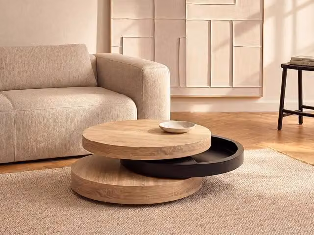 Vente-unique Round Swivelling Coffee Table with MDF Compartment in Black and White, W/D/H: 80 x 80 x 40 cm