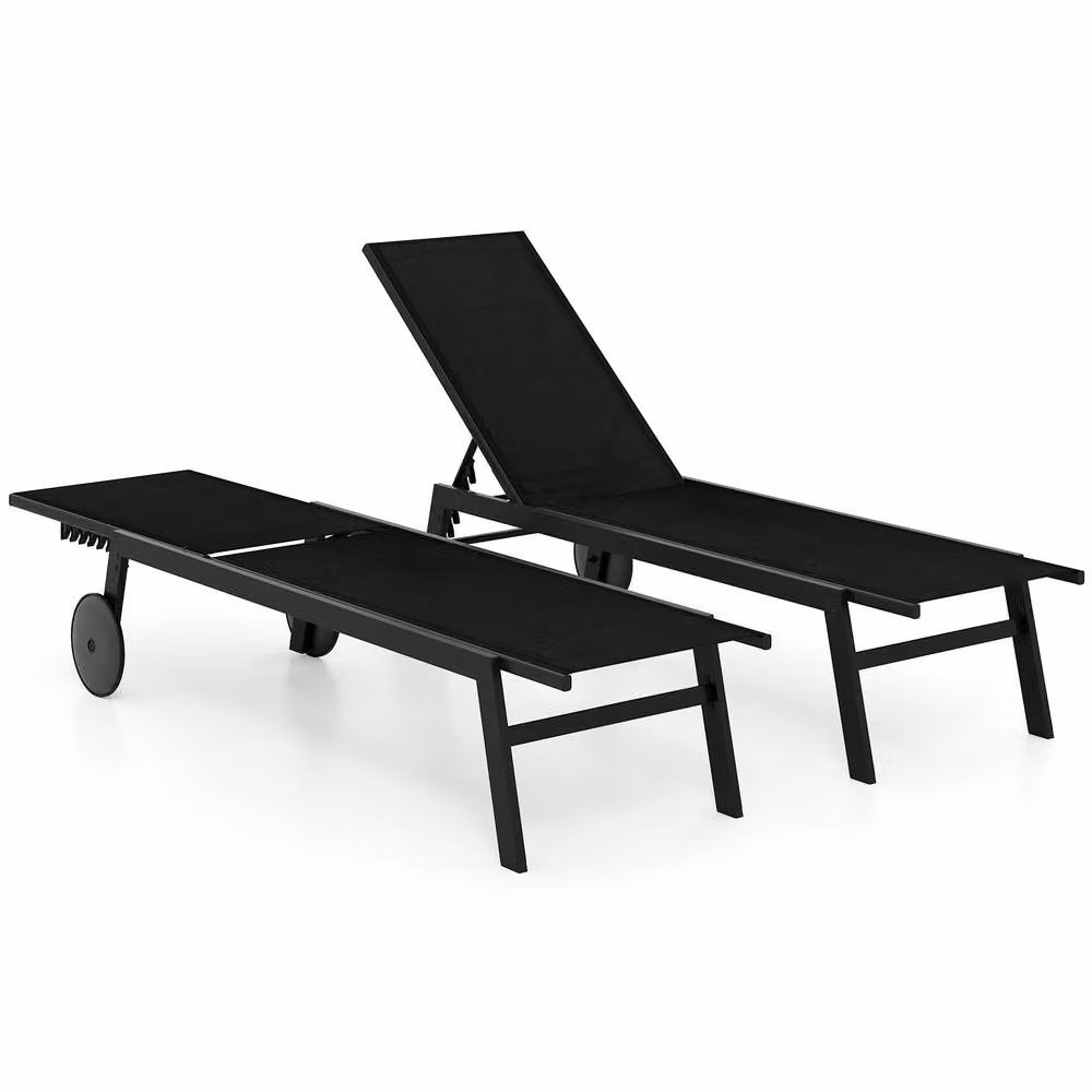 Costway Set of 2 Black Outdoor Patio Sun Lounger Recliner Chairs with Wheels and Adjustable Headrests – 2