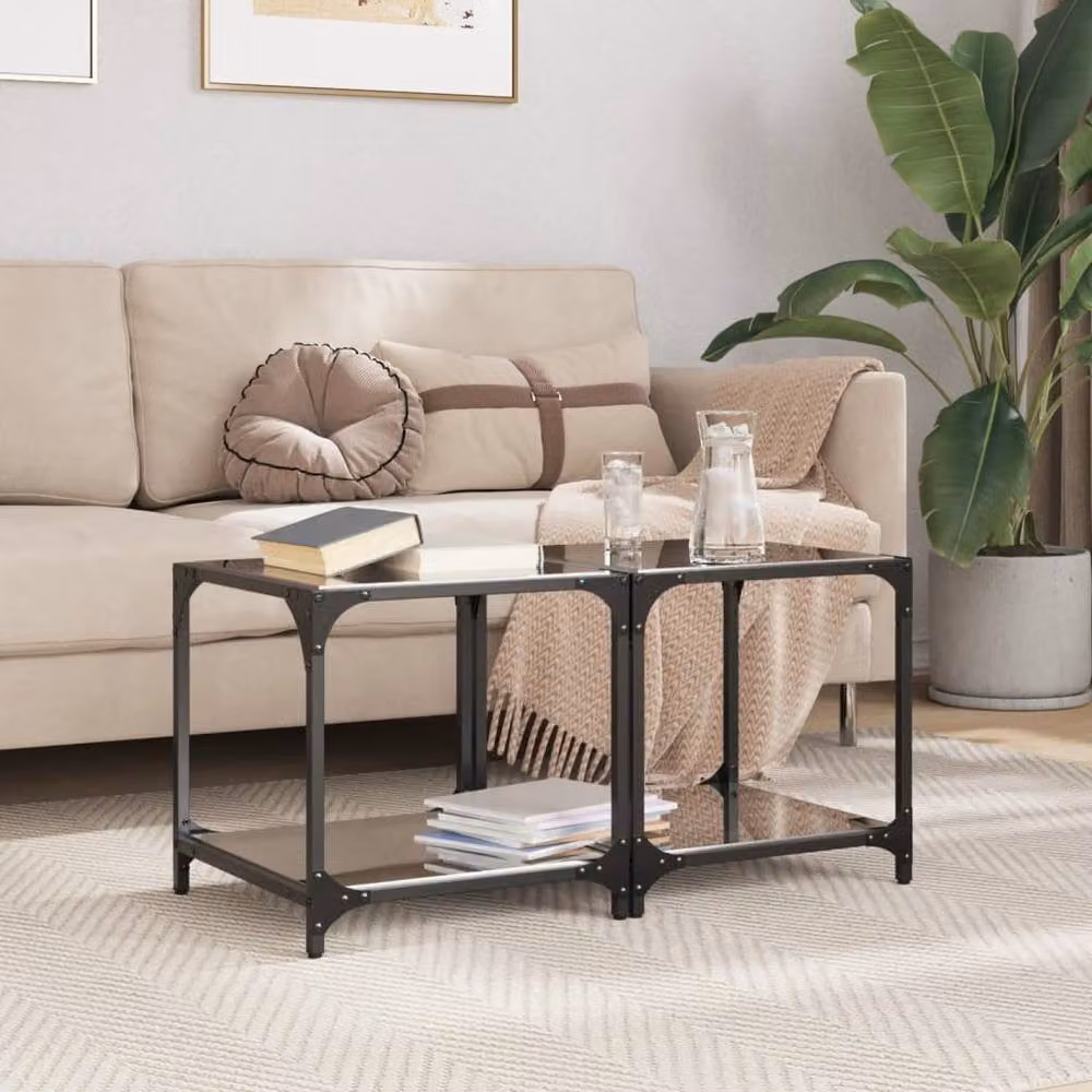 Berkfield Home Set of 2 Modern Square Coffee Tables with Black Glossy Glass Tops and Steel Frames, W/D/H: 40 x 40 x 40 cm – 2