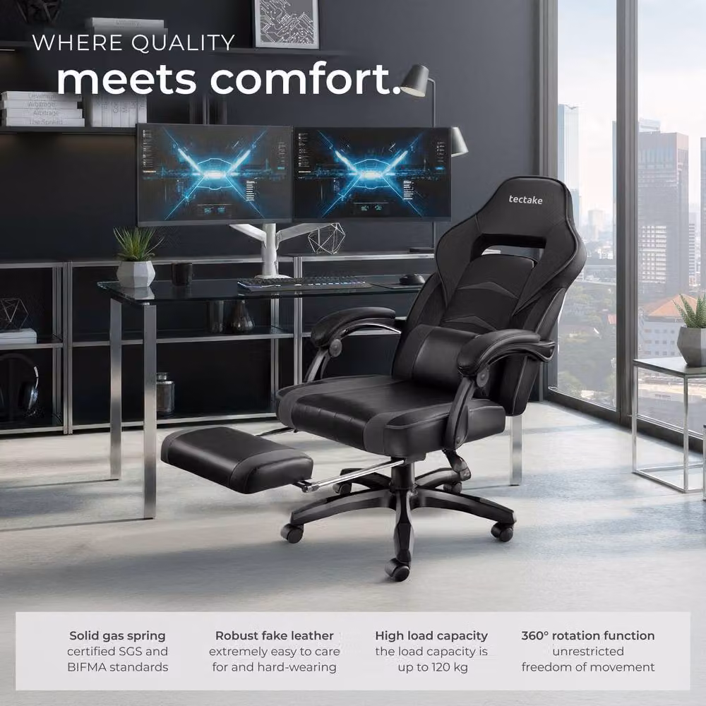 tectake Comodo Gaming Chair in Black with Synthetic Leather, Footrest and Adjustable Backrest – 9