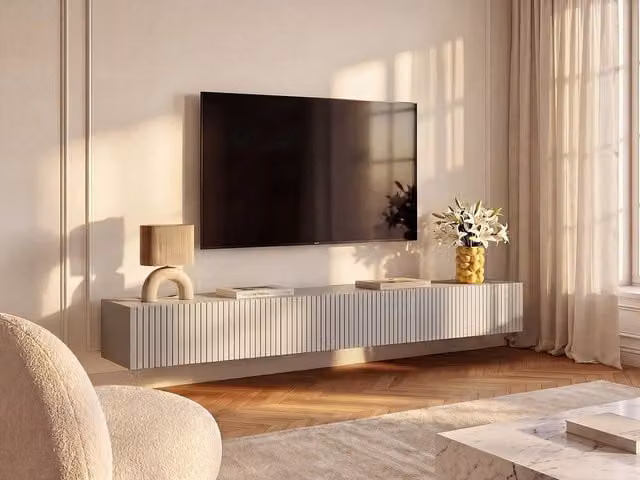 Vente-unique DANTAY Wall-Mounted TV Unit with 3 Hinged Doors, Beige – 1