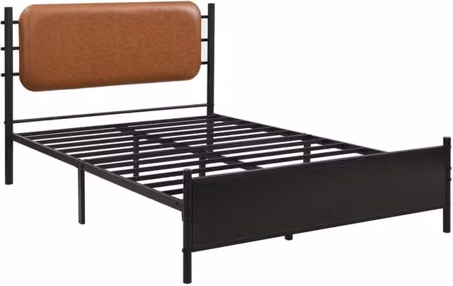 ERGOVEXA Modern Black Metal Bed Frame with PU Upholstered Headboard, W/D/H: 140 x 200 x 137 cm – 1