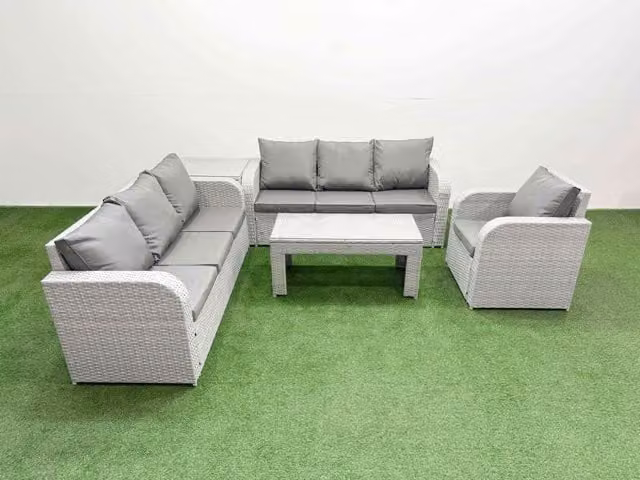 Fimous 7 Seater Grey Poly Rattan Garden Furniture Set with Oblong Coffee Table, 3 Seater Sofa, 3 Reclining Chairs and Side Table