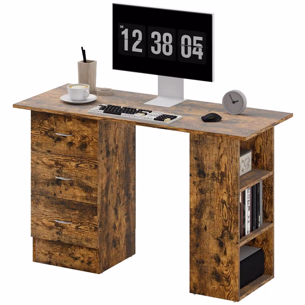 STILVORA Computer Desk with 3 Drawers and Shelves in Rustic Brown, W: 120 cm, H: 72 cm, D: 60 cm – 2