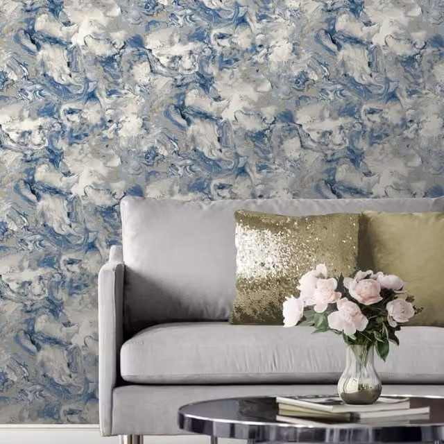Muriva Elixir Abstract Liquid Marble Effect Wallpaper in Blue and Gold