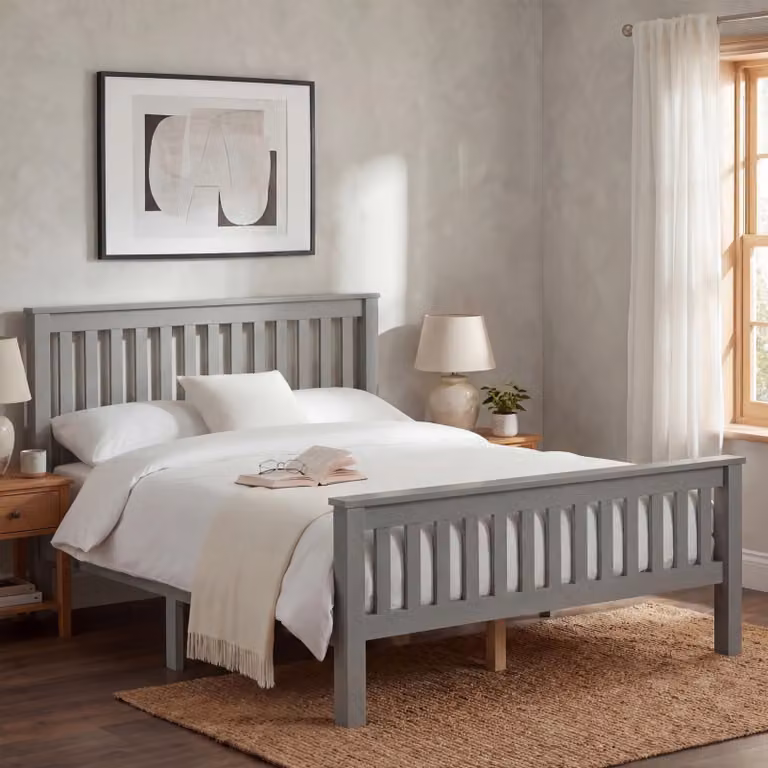 DHS Minimalist Solid Wood Double Bed Frame in Grey and White, W/D/H: 143 x 201 x 250 cm