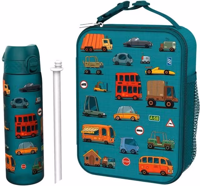 ION8 Insulated Medium Lunch Bag with Recyclon Bottle and Straw in Blue and Multicolour