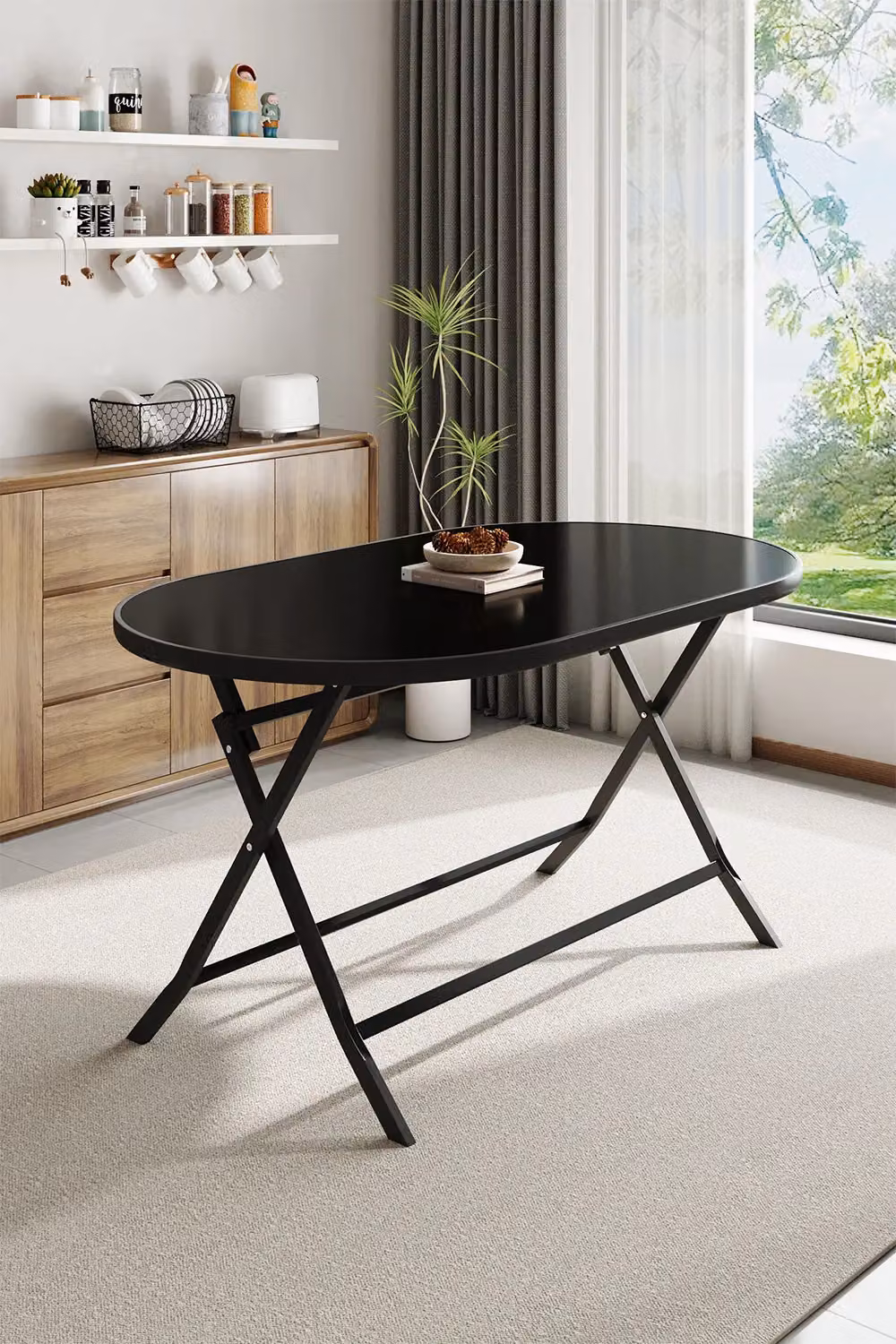 Living and Home Black Metal Outdoor Folding Garden Table with Umbrella Hole – 2