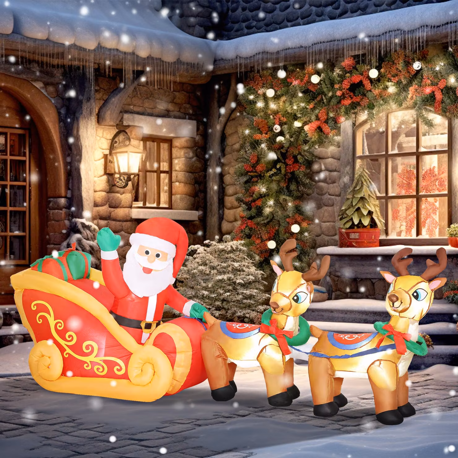 Outsunny 7.9ft Christmas Inflatable Santa on Sleigh with Two Reindeer, Multicolour Outdoor Blow Up Decoration with Built-in LED Lights – 2