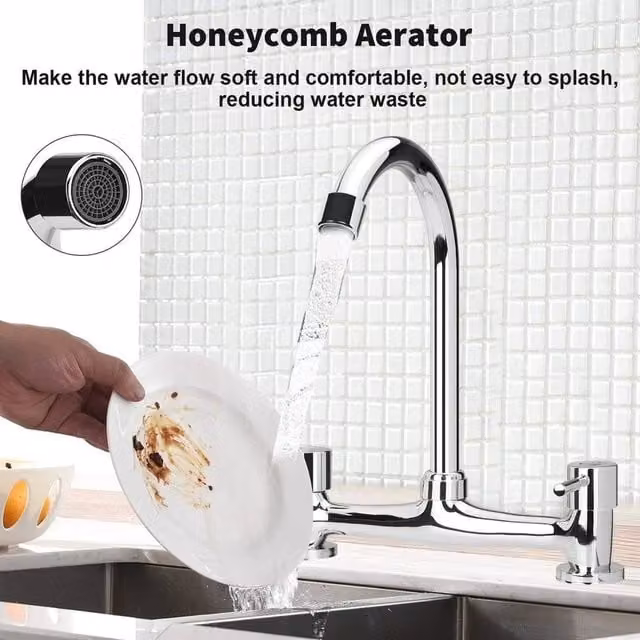 EONLION Modern Dual Lever Kitchen Sink Mixer Tap in Silver Chrome with Swivel Spout – 1