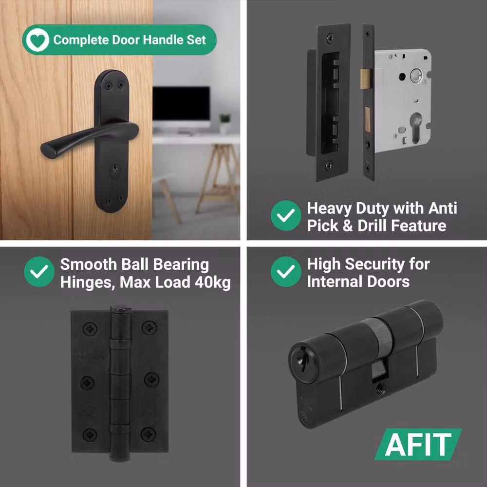 AFIT Novi Black Matt Euro Cylinder Door Handle Lock and Hinges Complete Set – 4