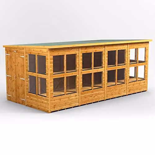 POWER Premium Pent Wooden Greenhouse Shed in Brown with Double Doors and Tempered Glass Windows
