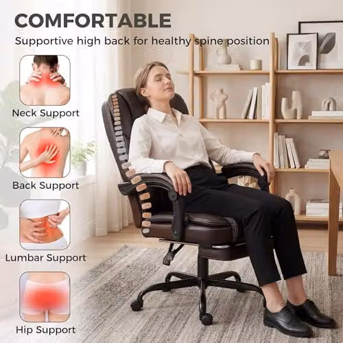 HOMCOM Brown Synthetic Leather High-Back Executive Home Office Chair with 360 Degree Swivel and Headrest – 4