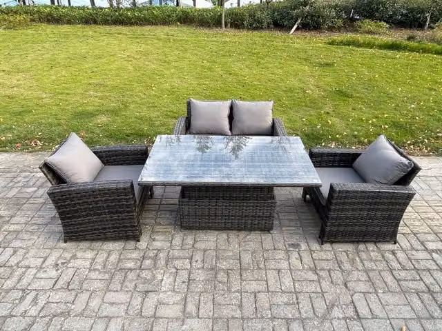 Fimous High Back Rattan Garden Furniture Set with Height Adjustable Lifting Table, Side Table and Large Footstool in Dark Grey