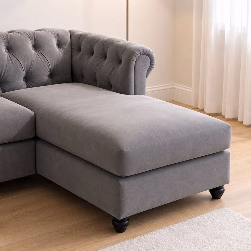 Sofaya Hampton 3 Seater L Shape Chesterfield Sofa in Grey Velvet with Right Hand Chaise – 2