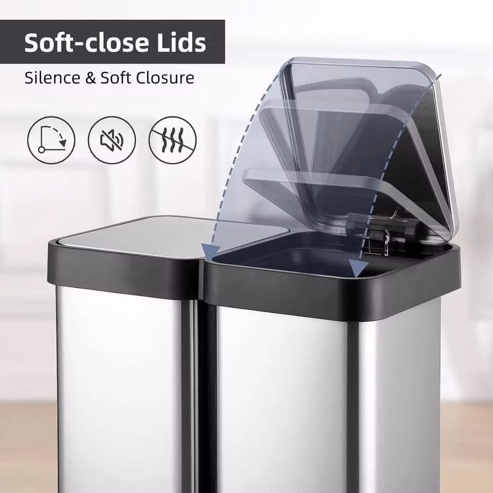 VOGREX 16 Gallon Dual Trash and Recycling Bin in Silver Stainless Steel – 4
