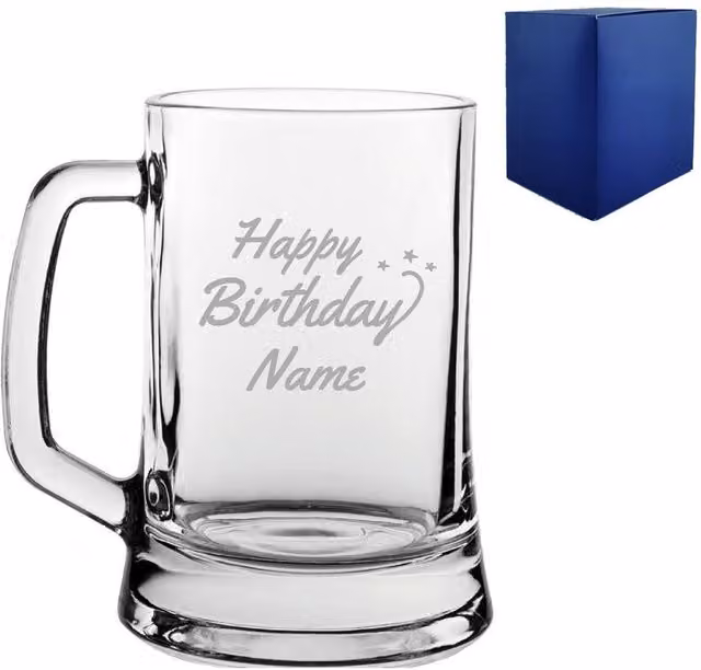 Uniqueful Personalised Engraved Happy Birthday Glass Beer Mug in Transparent