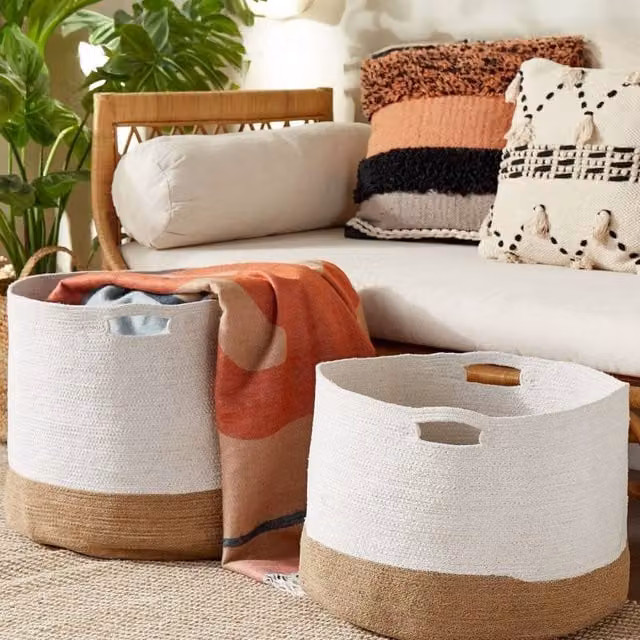 Wyld and Coco Cotton Storage Baskets, Set of 2, White and Beige – 1