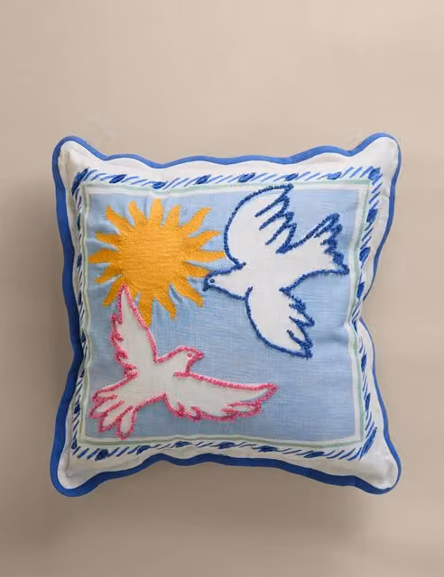 M&S Dolce Vita Bird Blue Mix Square Outdoor Cushion in Pure Cotton