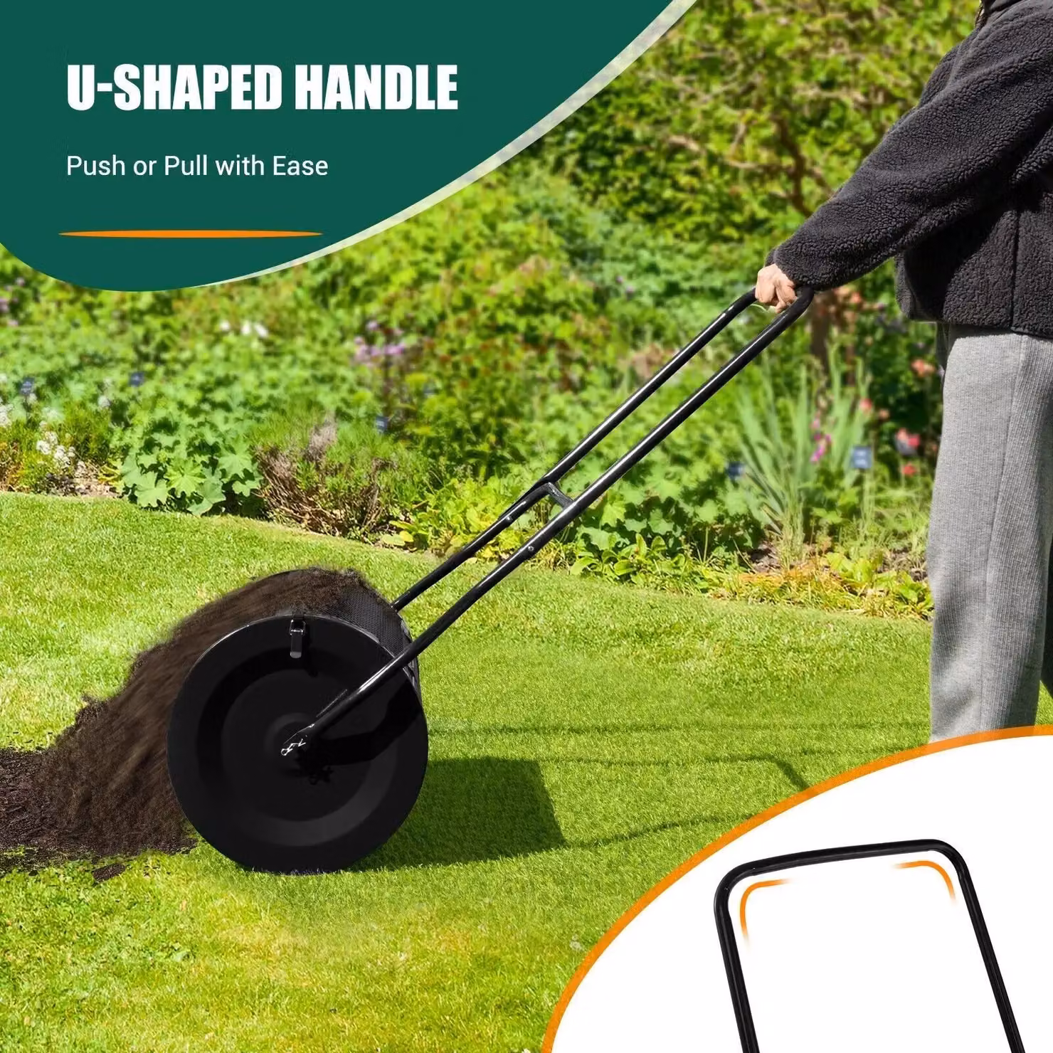 Costway 27 Inch Compost and Peat Moss Spreader with U-shaped Handle in Black and Green – 3
