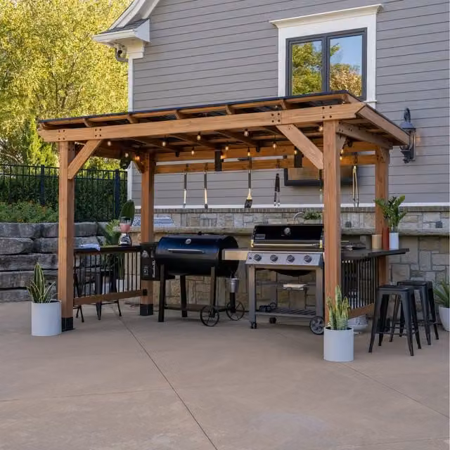 Backyard Discovery XL Saxony Cedar Wood Outdoor BBQ Grill Gazebo in Brown and Orange, W: 3.7 m, D: 1.9 m