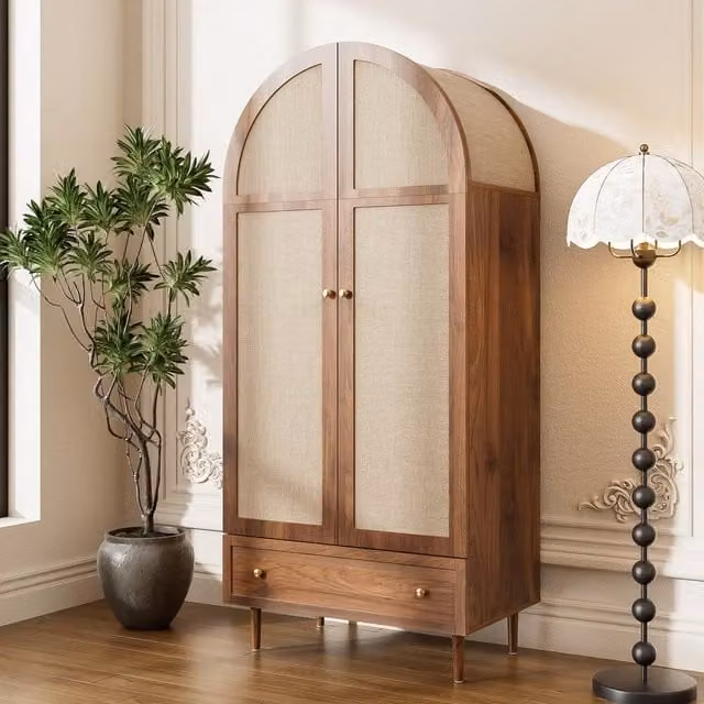 Merax Arched Retro Wardrobe in Brown with Fabric Doors and Drawer, H 175 x W 79 x D 50 cm – 1