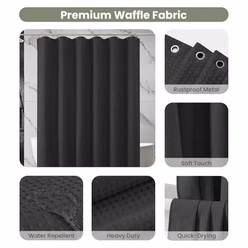 Inhousolu Black Waffle Weave Fabric Shower Curtain with Weighted Hem and Metal Hooks, W 183 x L 183 cm – 3