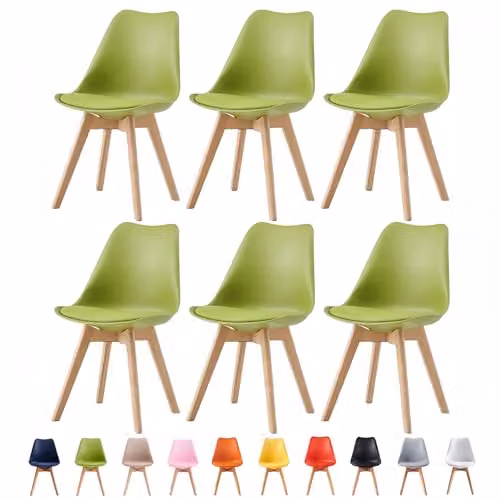 mcc direct Set of 6 Deluxe Retro Dining Chairs with Wooden Legs and Soft Cushions in Green