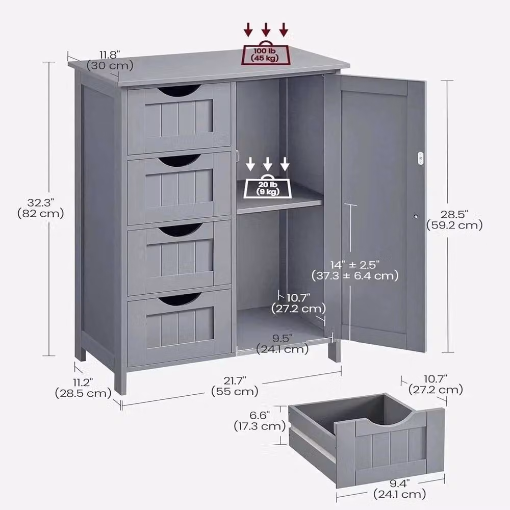 VOGREX Grey Wood Bathroom Cabinet with 4 Drawers and 1 Door – 2