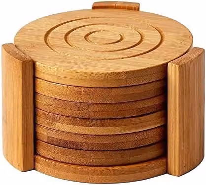 MantraRaj Set of 6 Round Handmade Bamboo Wood Drink Coasters with Holder in Brown – 2