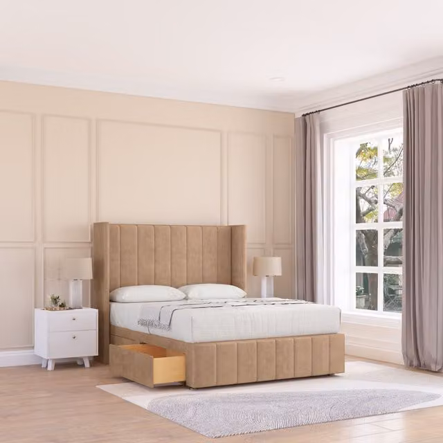 Sloomy Melbourne Naples Wingback Bed Set with 2 Drawers and Floor Standing Headboard in Light Sand, Size: Double (140 x 200 cm)