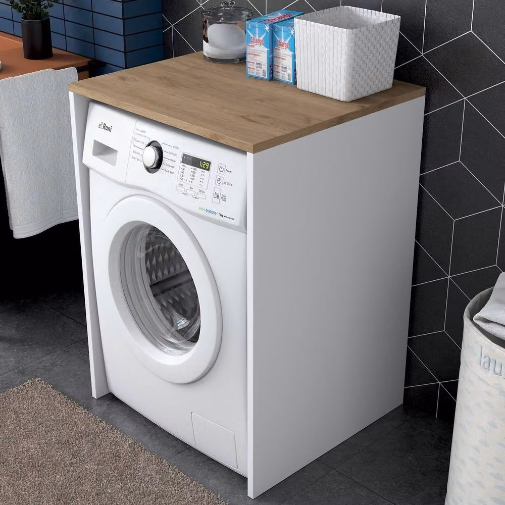 CALICOSY Freestanding Washing Machine Shelf in White and Walnut Finish, H 91.8 cm x W 60 cm x D 60 cm – 1