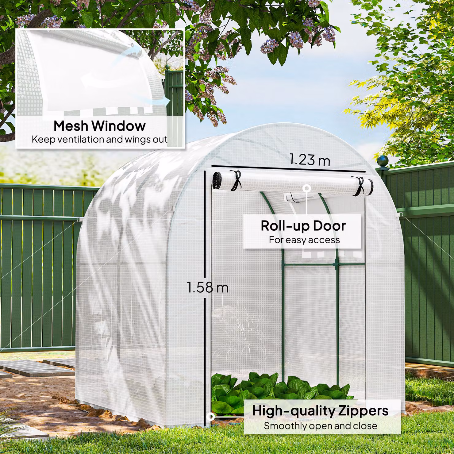 Outsunny Walk In Polytunnel Greenhouse in White and Green with Roll-up Window and Door, W/D/H: 180 x 180 x 200 cm – 4