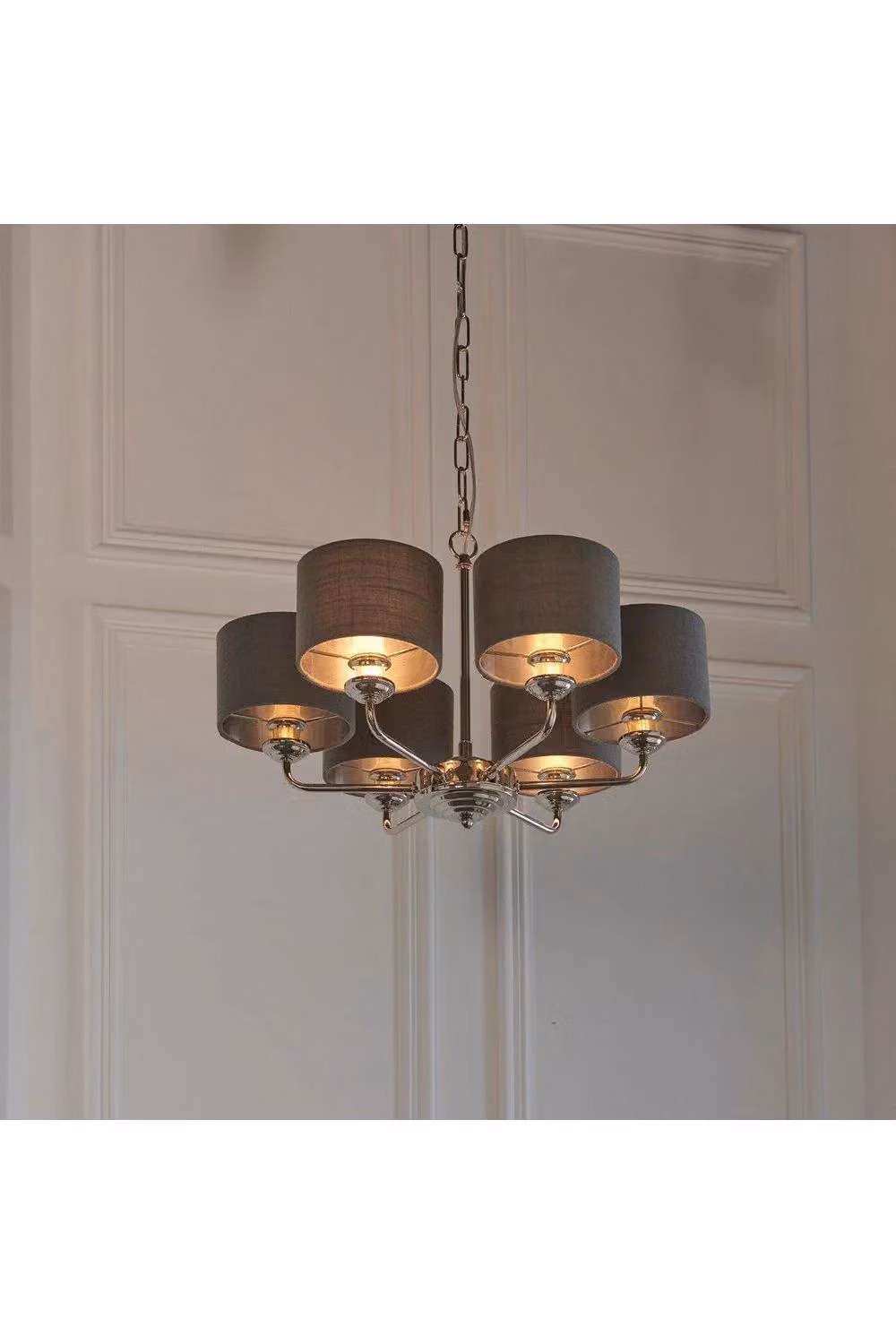 Netlighting Highclere Multi Arm Pendant Light with Grey Fabric Shade and Bright Nickel Plate – 2