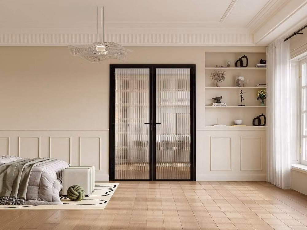 Loxton Reversible Double Swing Door Block in Black Aluminium and Textured Glass – 2