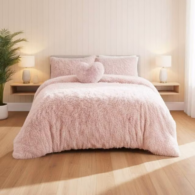 Snug City Super Fluffy Duvet Cover and Pillowcase Set, Pink, W: 180 cm, D: 200 cm