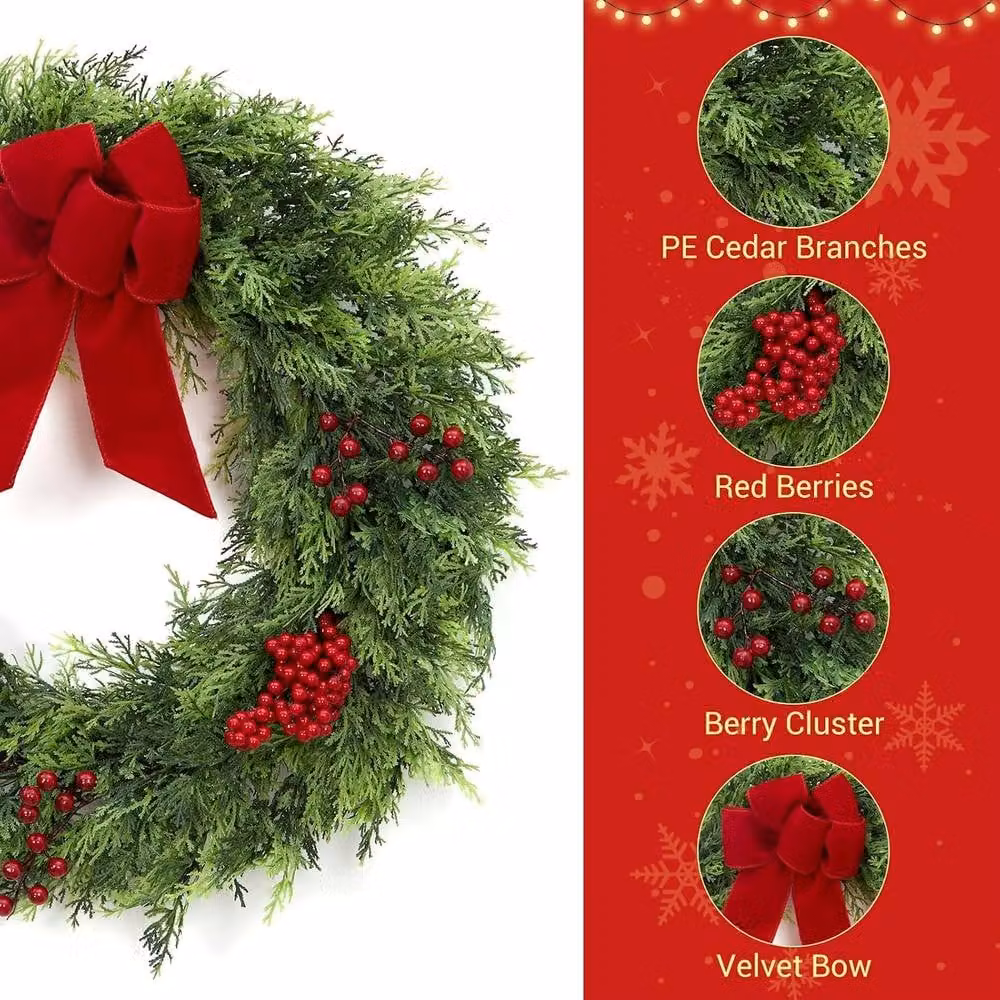 London Boutique Artificial Outdoor Christmas Wreath with Bow, Diameter: 60.96 cm – 3