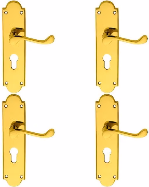 Loops 4x Pair Victorian Scroll Lever on Euro Lock Backplate, Polished Brass, 205 x 49 mm