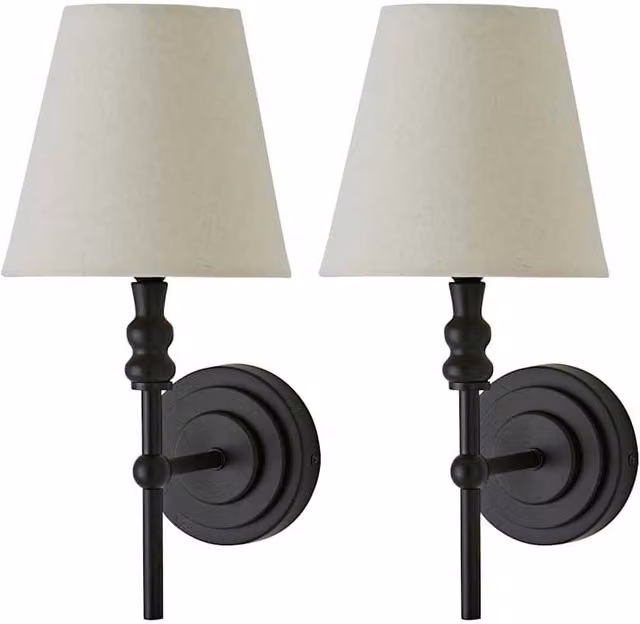 ValueLights Maggie Pair of Black Metal Wall Lights with Fabric Cone Shades and Bulbs