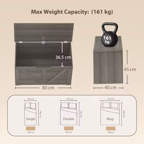 HOMCOM 100L Storage Chest with Safety Hinge in Grey Wood-Effect, W/D/H: 80 x 40 x 45 cm – 3