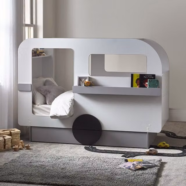 Julian Bowen Modern Childrens Bed with Drawers and Bedside Shelf in Grey, White and Black