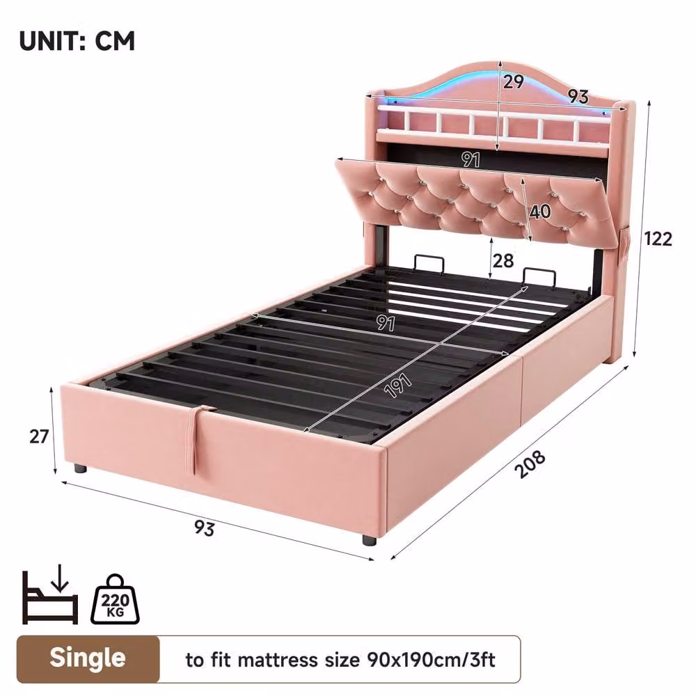 Merax Pink Velvet Upholstered Single Hydraulic Storage Bed with LED Lighting and USB Charging Station, W/D/H: 90 x 190 cm – 3